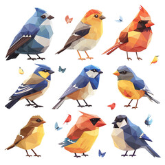 Fototapeta premium A set of nine birds in various colors, including blue, yellow, and red