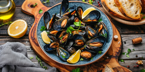 Mussels in plate on a wooden table,  with grey napkin and french bread slices,