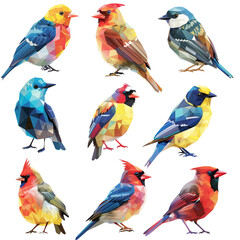 A set of nine birds in various colors and sizes