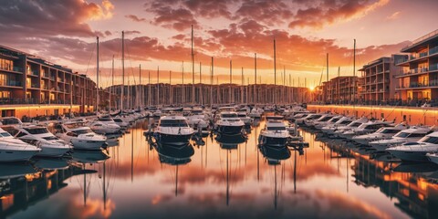 Tranquil Marina at Sunset

Description: A row of sailboats and motorboats are docked at a calm marina at sunset, casting long shadows on the water. The sky is ablaze with orange, pink, and purple hues - obrazy, fototapety, plakaty