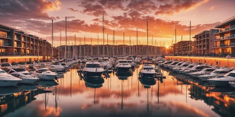 Fotobehang Tranquil Marina at Sunset  Description: A row of sailboats and motorboats are docked at a calm marina at sunset, casting long shadows on the water. The sky is ablaze with orange, pink, and purple hues © chick_david