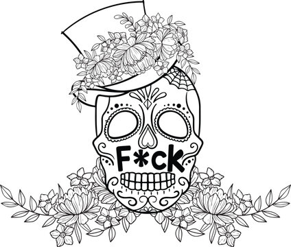 skull with floral design coloring page for adult