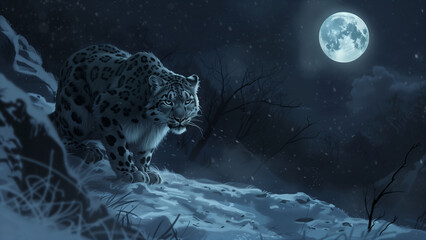 Predator in the Snow: A Snow Leopard’s Night Hunt - obrazy, fototapety, plakaty