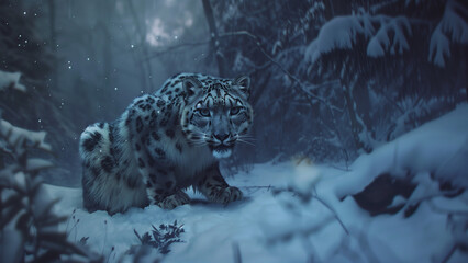 Predator in the Snow: A Snow Leopard’s Night Hunt - obrazy, fototapety, plakaty