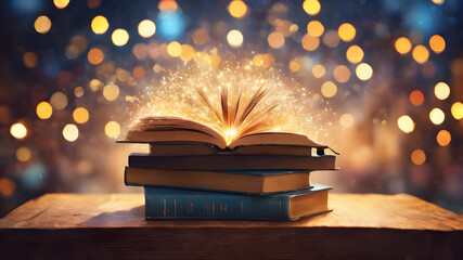 glowing light from an open book. Conceptual image with dry tree growing from book. AI generated image