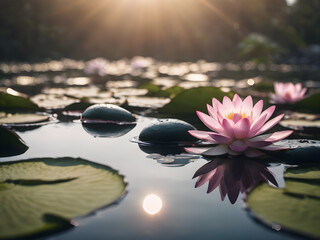 Lotus flower blooming on a tranquil pond. AI generated image, ai.