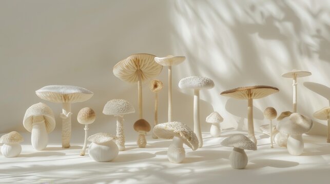 Various mushrooms on a white background. Studio food editorial photo of mushrooms, creating a serene still-life composition.