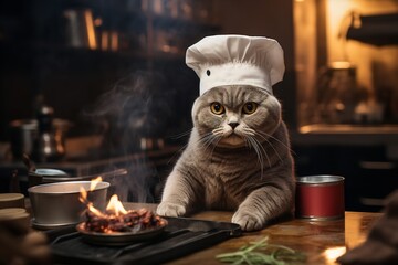 A British Shorthair Cat Wearing a Chef's Hat Cooking

 - obrazy, fototapety, plakaty