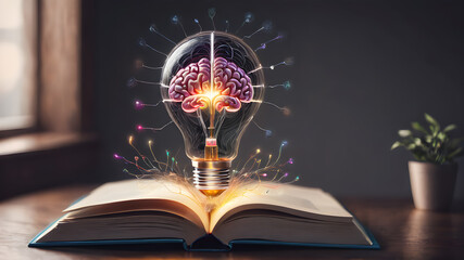 Creative concept of human brain in light bulb on an open book. AI generated image. Creative brain Idea and light bulb concept ,Business and education concept. AI generated image, ai .