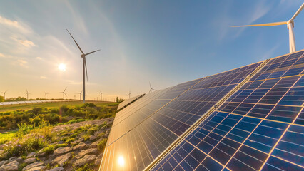 Dawn of Sustainability: Solar Panels and Wind Turbines at Sunrise
