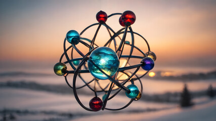 Design element of nuclear atomic energy model of atom.  AI generated image, ai