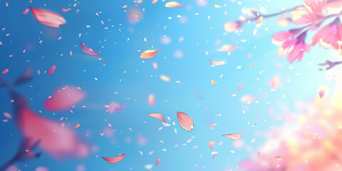 Fototapeta na wymiar pink blossoms falling from the sky on blue sky background, pink cherry blossoms wallpaper banner, empty space background
