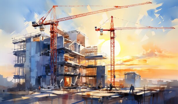 A Building Under Construction with Cranes and Workers

