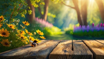 Naklejka na ściany i meble Soothing Sanctuary: Wooden Table with Blurred Bokeh Flower Garden Mockup