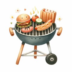 Barbecue grill sizzling with food. watercolor illustration, Perfect for nursery art, Summer barbecue cooking over a hot fire with assorted vegetables.