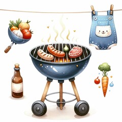Barbecue grill sizzling with food. watercolor illustration, Perfect for nursery art, Summer barbecue cooking over a hot fire with assorted vegetables.