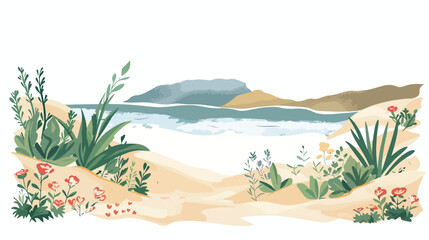 Coastline landscape with sand and wild plants flat