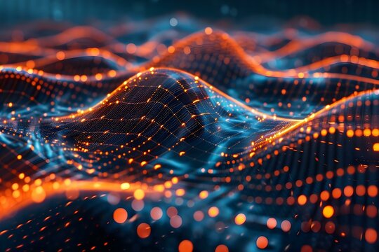 Abstract grid surface representing quantum computing system with connected particles artificial neurons and global data connections. Concept Quantum Computing, Artificial Neurons