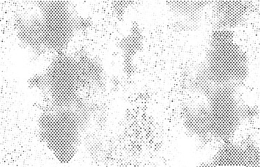 Vector distressed halftone pattern. Grunge halftone black and white. Background pattern gray scale monochrome. Texture black and white vintage. Dark monochrome background for design - obrazy, fototapety, plakaty