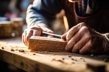 Master carves a pattern on wood in  carpentry workshop, close-up woodworking - obrazy, fototapety, plakaty