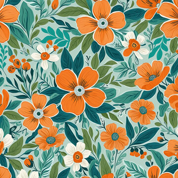 An orange and blue floral design, free brushstroke style, scrapbook aesthetics, green and cyan hues.  colorful background