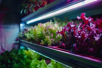 Futuristic Vertical Hydroponics Farming with Lush Green Leafy Plants Growing Under Artificial Lighting