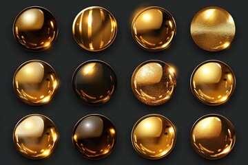 Gold foil texture buttons set. Vector golden elegant, shiny and metallic gradient collection .
