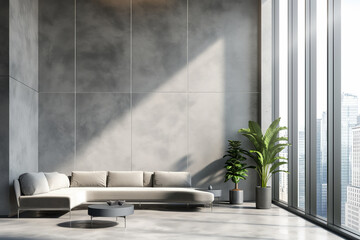 Sleek Urban Living Room with Concrete Wall and City View. Modern Industrial Lounge. Minimalist Sofa and Floor-to-Ceiling Windows