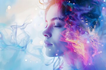 Ethereal Double Exposure Portrait of a Captivating Feminine Presence Amidst Cosmic Swirls of Color and Light - obrazy, fototapety, plakaty