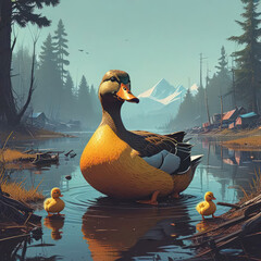 duck and ducklings  - obrazy, fototapety, plakaty