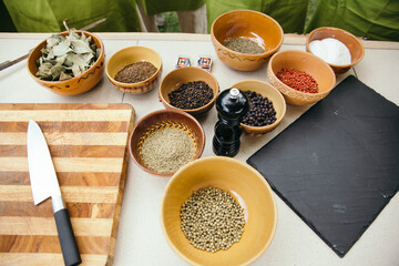 spices in bowls prepared for vegan eco outdoor gourmet cooking