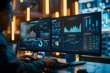 Analyst Reviewing Data and Business Metrics on Computer Dashboard for Financial Analytics and Technology Intelligence