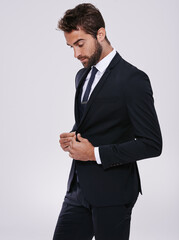 Businessman, studio and professional fashion suit, corporate work clothes with confident male person. Formal, gentleman pride in jacket and trendy black tie, classy and designer on mockup background