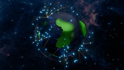 3D rendering of Earth network, connecting global business, communication, and technology across the globe. 
