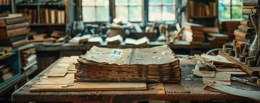 Capture the intricate details of bookbinding in a close-up shot, highlighting the precision and craftsmanship involved Showcase the tools and materials used to create a beautiful handcrafted book