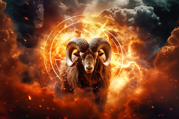 A ram, symbolizing the zodiac sign Aries, stands boldly in front of a circle of fire, showcasing its majestic large horns - obrazy, fototapety, plakaty