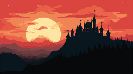 Lokii34 silhouette of castle in sunset hill Flat vector isolated - obrazy, fototapety, plakaty