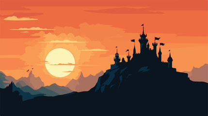 Lokii34 silhouette of castle in sunset hill Flat vector isolated