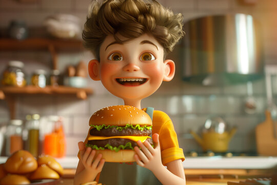 The boy happily holds the burguer in the kitchen. illustration. 3 d render style