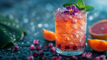 A Refreshing Pomegranate Cocktail Adorned With A Purple Flower - obrazy, fototapety, plakaty