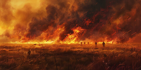 Brave firefighters are fighting against a massive ground fire, illustrating the human effort to combat natural disasters