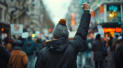 Raised Fist in Urban Protest with Crowd in Background