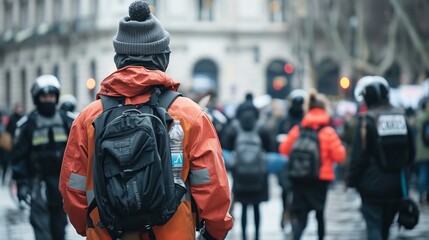 Man with Orange Backpack Walking in a Crowded City Street - obrazy, fototapety, plakaty
