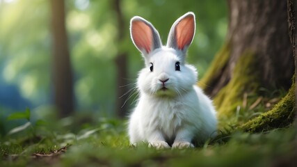  A cute little rabbit with blue eyes and white fur, sitting under a tree in a beautiful green forest, waving its hand.Type of Image: PhotographArt Styles: RealisticArt Inspirations: Nature photography