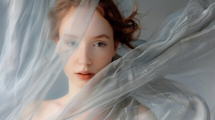 Beautiful young woman wrapped in transparent fabric. Fluttering veil on a grey background