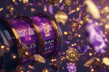 a vibrant purple slot machine with the lucky number seven symbols and golden accents - obrazy, fototapety, plakaty