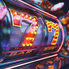Side perspective of a 3D slot machine glowing with neon purple and pink lights