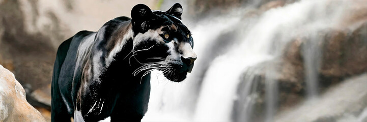 A majestic black panther against the backdrop of a cascading waterfall, captured in a digital image...