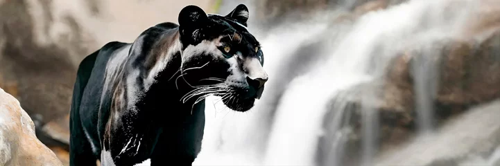 Keuken spatwand met foto A majestic black panther against the backdrop of a cascading waterfall, captured in a digital image that's ideal for wildlife and adventure-themed materials. © Halyna