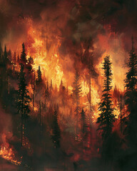 A captivating visual of a nighttime forest fire, illuminating the darkness with vivid flames and embers